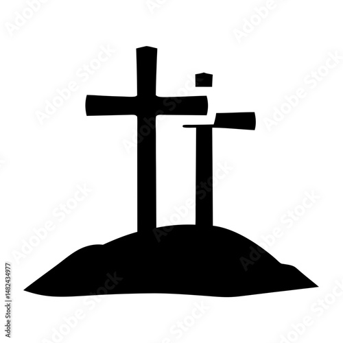 Three crosses on Calvary Hill silhouette representing the crucifixion of Jesus Christ