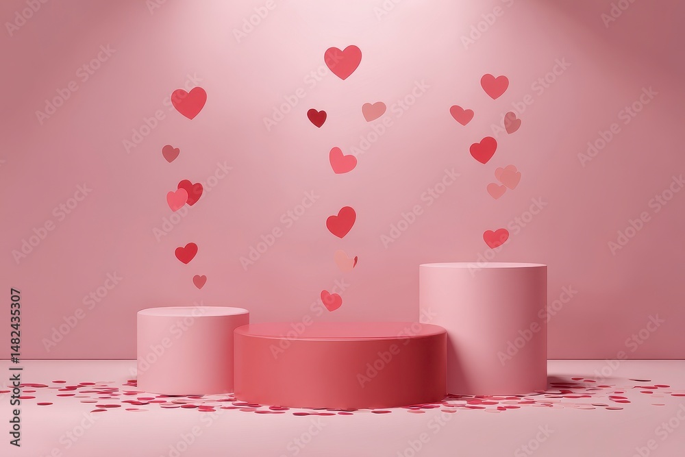 Beautiful pink Valentines day scene mockup with three round podiums