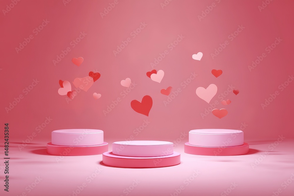 Beautiful pink Valentines day scene mockup with three round podiums