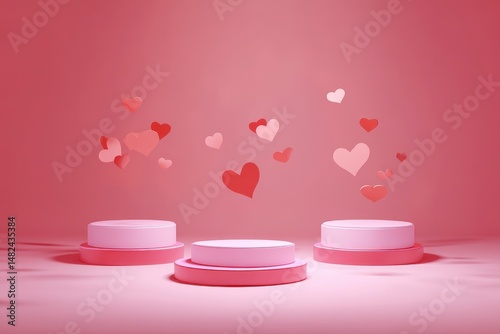 Obraz na płótnie Beautiful pink Valentines day scene mockup with three round podiums w salonie