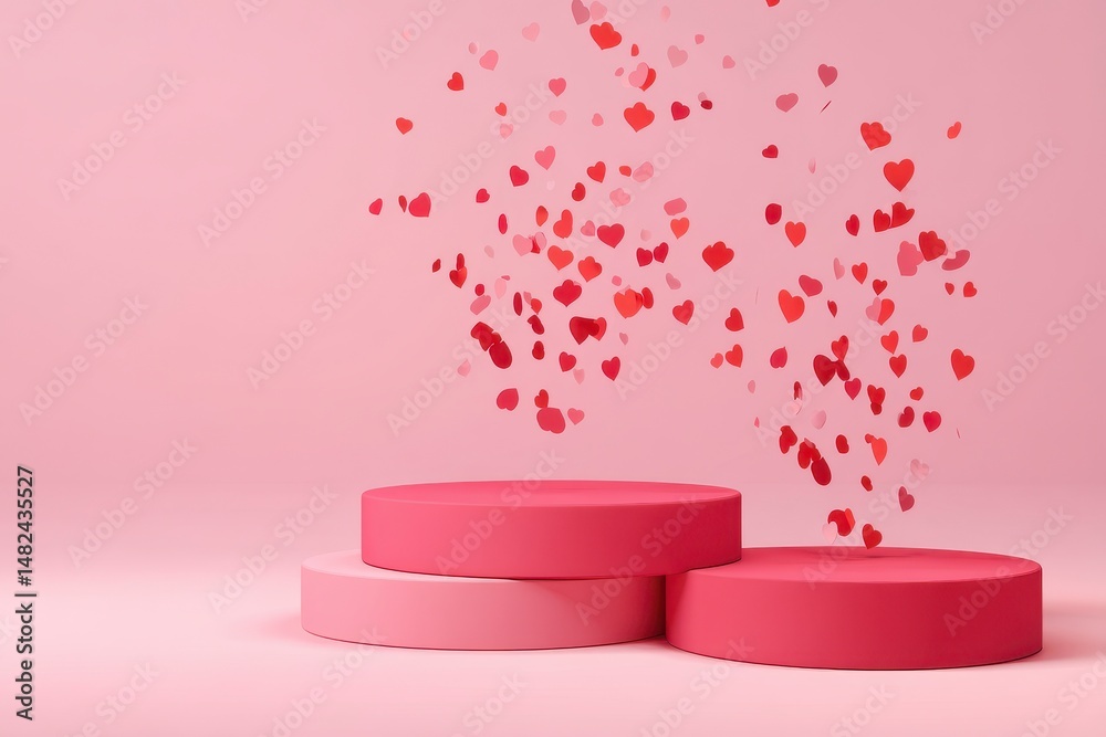 Beautiful pink Valentines day scene mockup with three round podiums