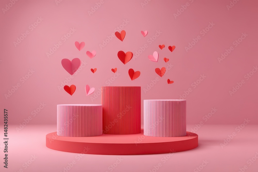 Beautiful pink Valentines day scene mockup with three round podiums