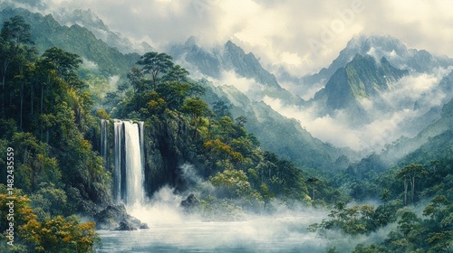 Lush waterfall cascading down misty mountainside