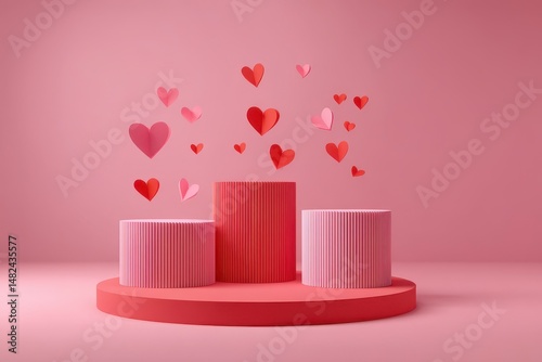 Obraz na płótnie Beautiful pink Valentines day scene mockup with three round podiums w salonie