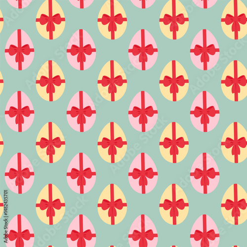 Pink and Blue colored Easter Eggs tied red ribbon bow Seamless Pattern on Trendy green Background