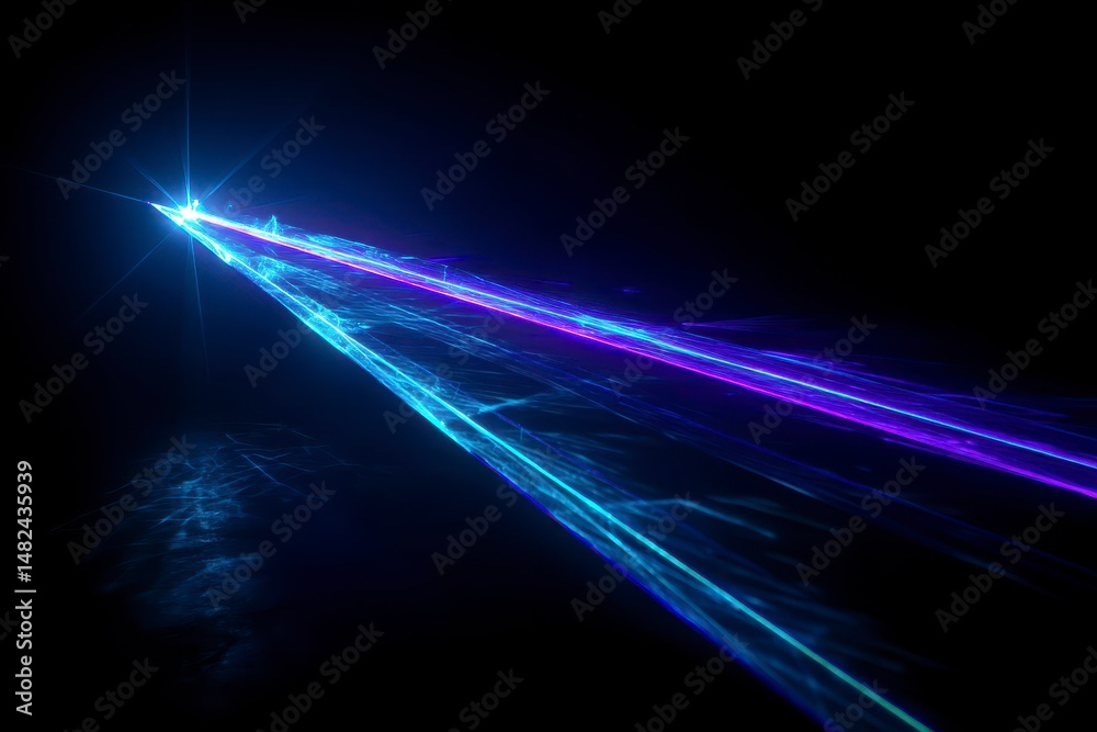 Blue and violet beams of bright laser light shining on black background