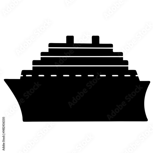 A minimalist silhouette illustration of a large cruise ship on white background