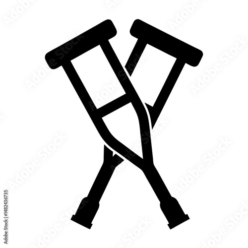 Black silhouette illustration of crossed crutches for mobility assistance after injury