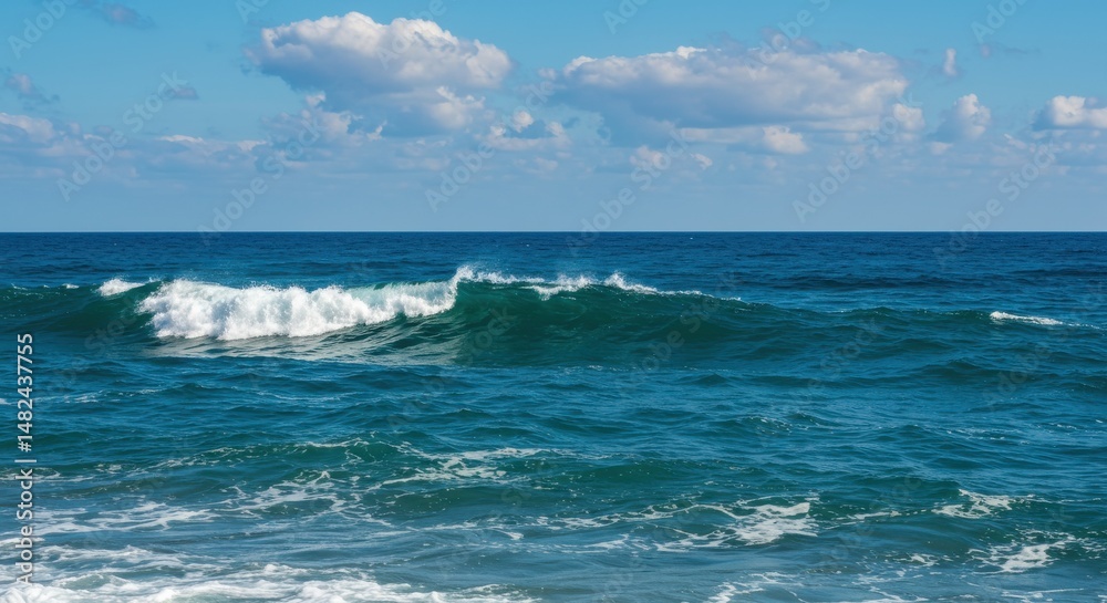 Fototapeta premium Serene Ocean Waves Under a Bright Blue Sky with Fluffy Clouds