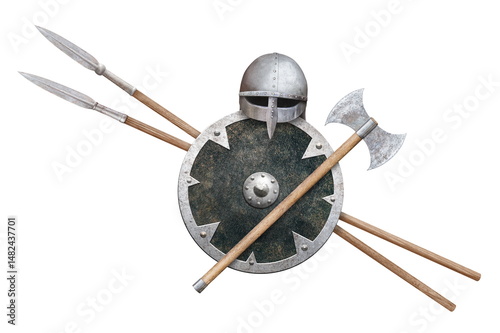 helmet axe black shield and two spears isolated on white