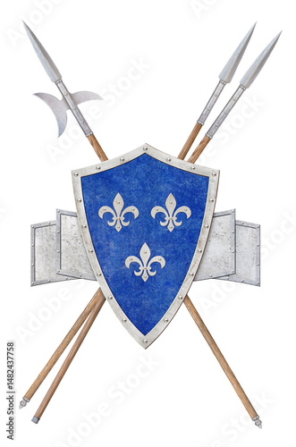 blue shield with halberd and two spears isolated on white