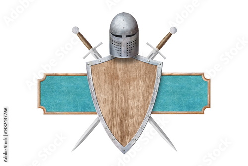 knight's helmet shield and two swords isolated on white