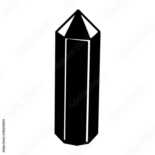 Stylized graphic illustration of a crystal obelisk with facets and minimalist details