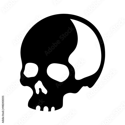 Graphic black skull illustration on white background, spooky skeleton head design