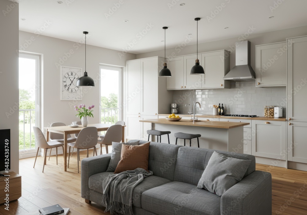 Fototapeta premium A modern open concept living room and kitchen area with gray sofa and dining table