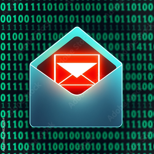 Email security alert, protection against spam, viruses, compromised communications in inbox. Digital envelope icon against binary code background. Data protection, phishing, internet security