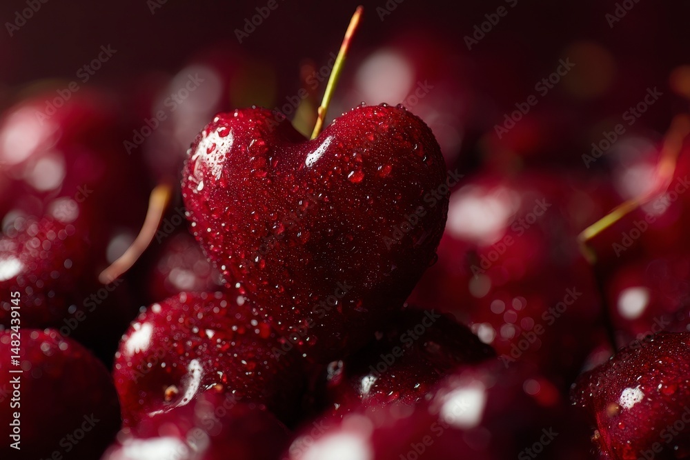 Cherry background with cherry in form of heart. Ripe fresh rich cherries