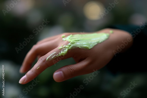Green skin care product in the back of hand and palm face cream body milk