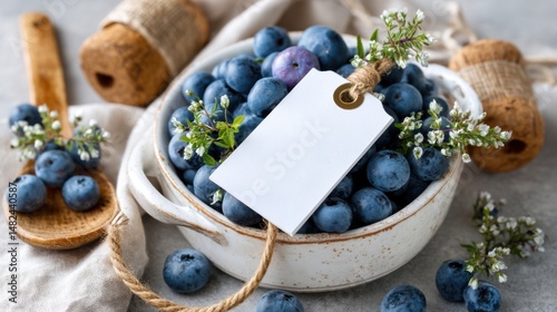 Blueberries in a White Bowl with Blank Tag