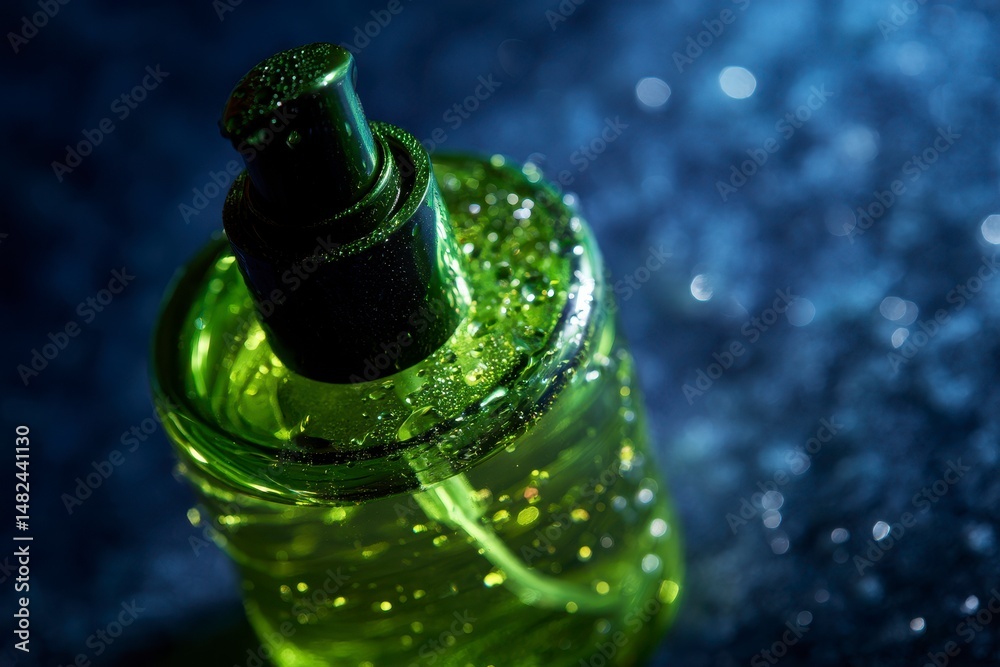 Local close up of green skincare liquid bottle
