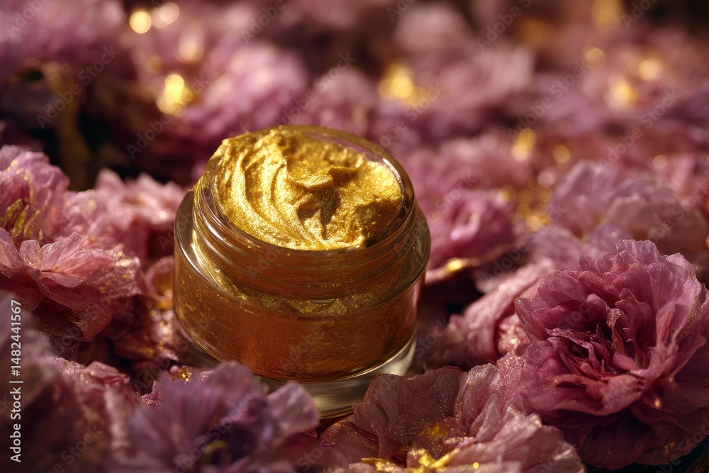Luxury golden face cream petal skin care products flowers