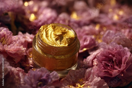 Obraz na płótnie Luxury golden face cream petal skin care products flowers w salonie