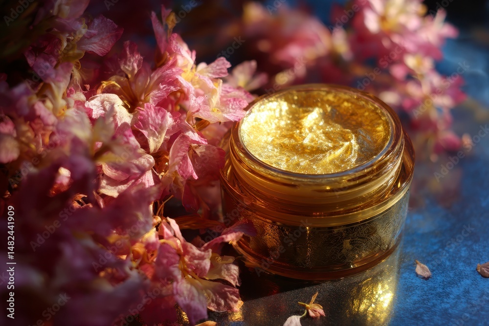 Luxury golden face cream petal skin care products flowers