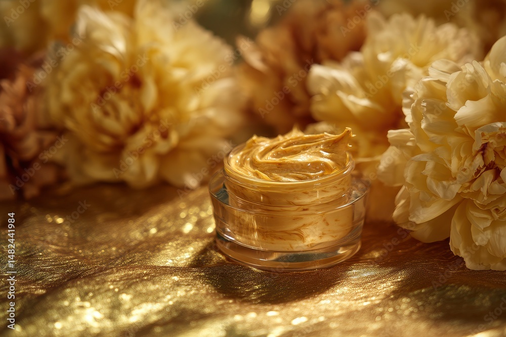 Luxury golden face cream petal skin care products flowers