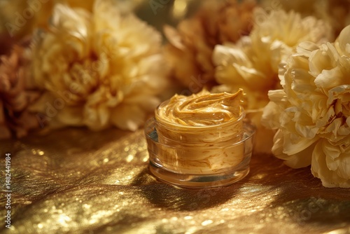 Obraz na płótnie Luxury golden face cream petal skin care products flowers w salonie
