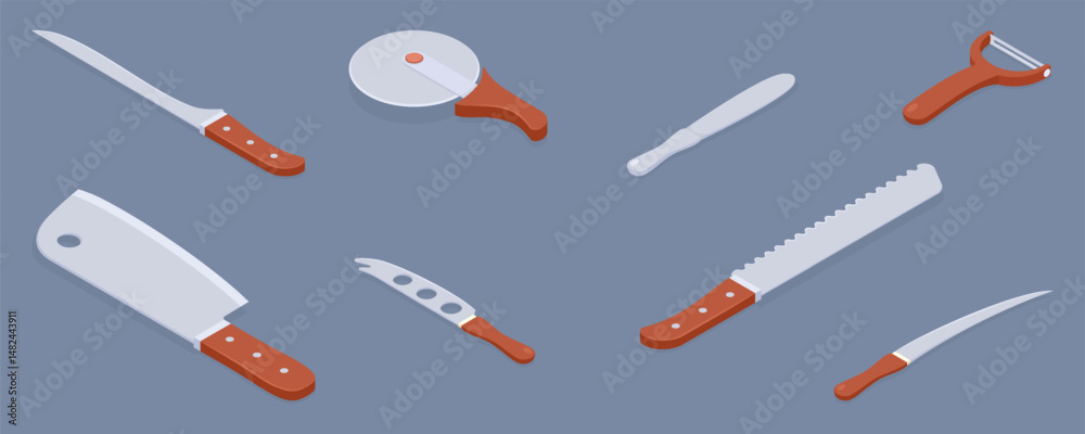 Naklejka premium Set of kitchen knives. Knife with plastic handle. Knife for cleaning vegetables, peel, vegetable, bread knife, fillet, cleaver, pizza cutter. 3d flat isometric vector illustration.