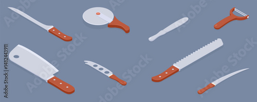 Set of kitchen knives. Knife with plastic handle. Knife for cleaning vegetables, peel, vegetable, bread knife, fillet, cleaver, pizza cutter. 3d flat isometric vector illustration.