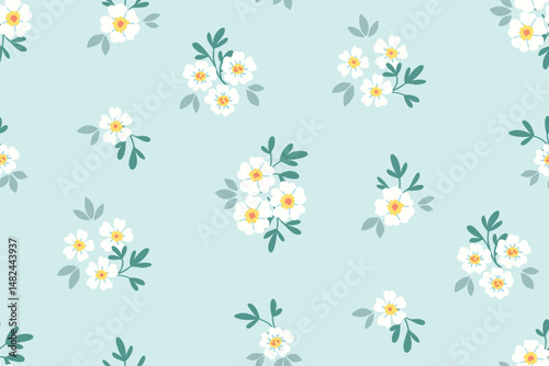 Seamless floral pattern, liberty ditsy print with small delicate plants. Pretty botanical design of hand drawn little bouquets, simple white flowers, tiny leaves on blue field. Vector illustration.