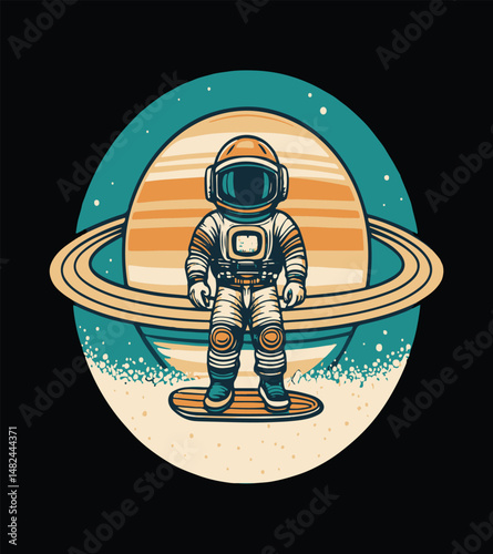 A cartoon 3d vector illustration shows a hero astronaut in space, reminiscent of a character from science technology