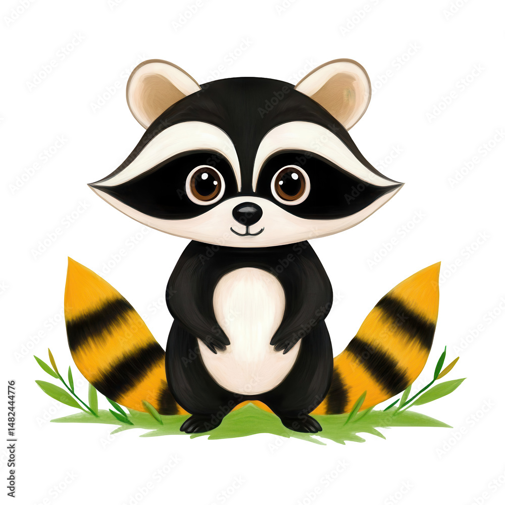 Adorable cartoon raccoon with black fur, white chest, and bushy orange and black striped tail, standing on green grass with green leaves. Watercolor style illustration with a transparent background. Adorable cartoon raccoon with black fur, white chest, and bushy orange and black striped tail, standing on green grass with green leaves. Watercolor style illustration with a transparent background.