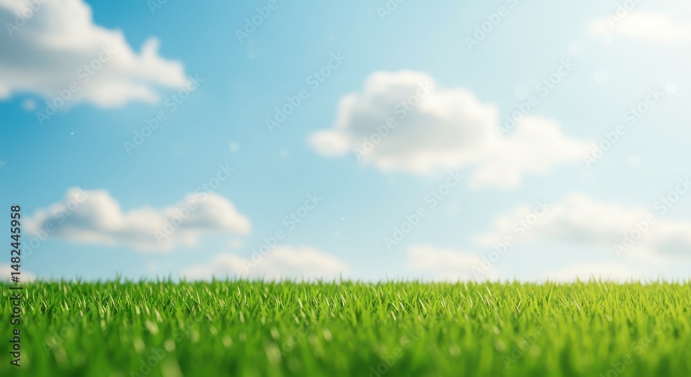 Obraz premium Lush green grass under a clear blue sky with fluffy clouds in the background