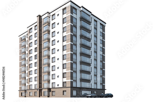 Modern residential apartment building with glass windows and parking area isolated on transparent background