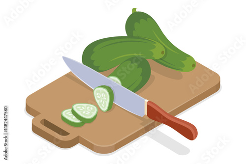 Knife cutting green cucumber. Chopping on wooden kitchen board. 3d flat isometric vector illustration isolated on white background. Eps 10