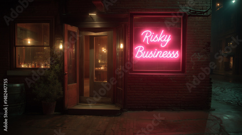 Vintage Style Storefront With Pink Risky Business Neon Sign In Alley At Night