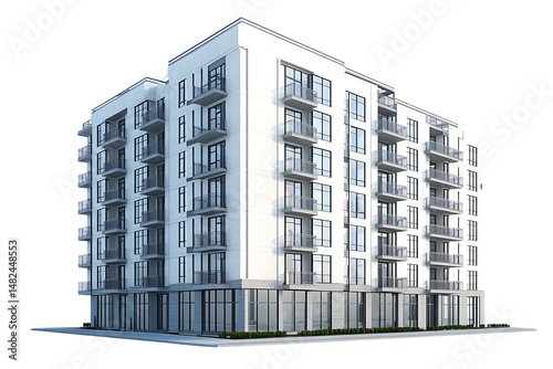 Modern residential apartment building with glass windows and parking area isolated on transparent background