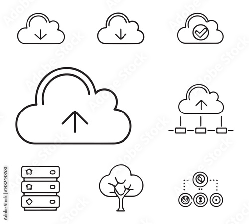 cloud computing concept line icons, Black and white Cloud computing flat and outline Icons set Vector silhouette design Art