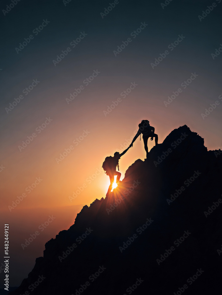 Two climbers silhouetted against a stunning sunset illustrate camaraderie and determination, highlighting the spirit of adventure and teamwork in the great outdoors.
