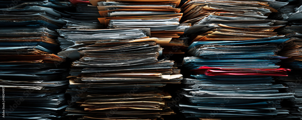 A dense arrangement of files and papers stacked closely together, showcasing the chaos often found in an office environment filled with important documents and outdated records.