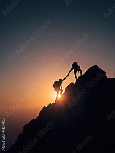 Obraz na płótnie Two climbers silhouetted against a stunning sunset illustrate camaraderie and determination, highlighting the spirit of adventure and teamwork in the great outdoors. w salonie