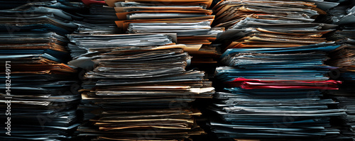 Obraz na płótnie A dense arrangement of files and papers stacked closely together, showcasing the chaos often found in an office environment filled with important documents and outdated records. w salonie