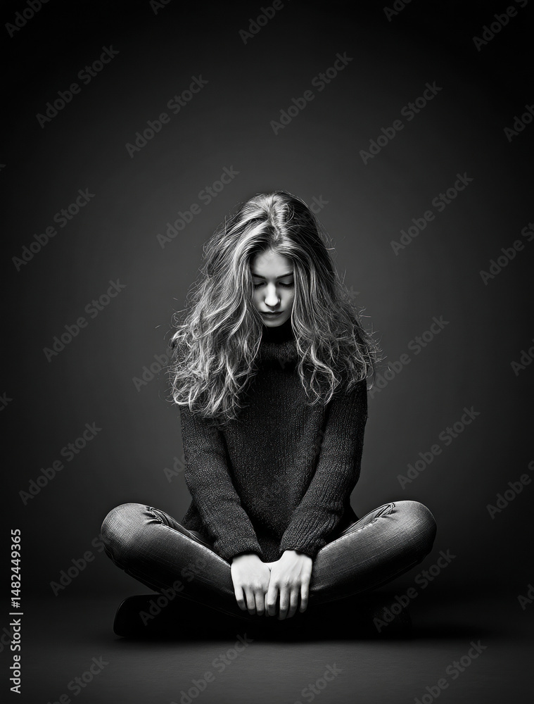 A young woman sits in a meditative pose, enveloped in shadows.
