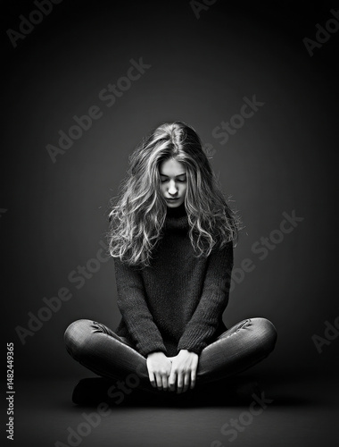 Obraz na płótnie A young woman sits in a meditative pose, enveloped in shadows. w salonie