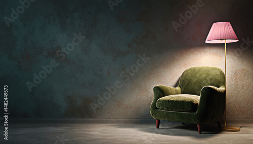 This inviting image showcases a plush green velvet armchair paired with a soft pink lamp, creating a warm and cozy atmosphere against a textured wall.