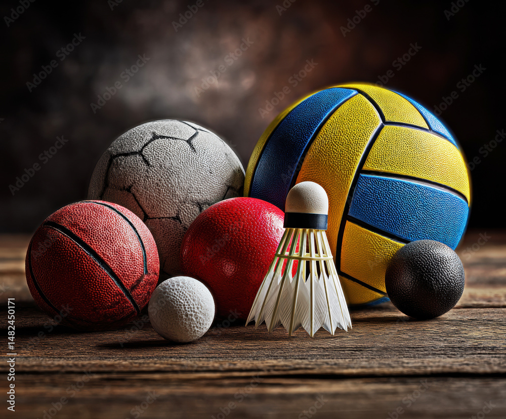 A vibrant display of various sports balls and equipment, showcasing the diversity of athletic pursuits, from soccer to badminton, arranged artistically on a rustic wooden surface.
