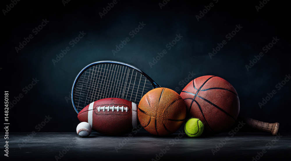 A captivating arrangement of various sports equipment including a tennis racket, basketball, football, baseball, and tennis ball, showcasing the diversity and excitement of sports.