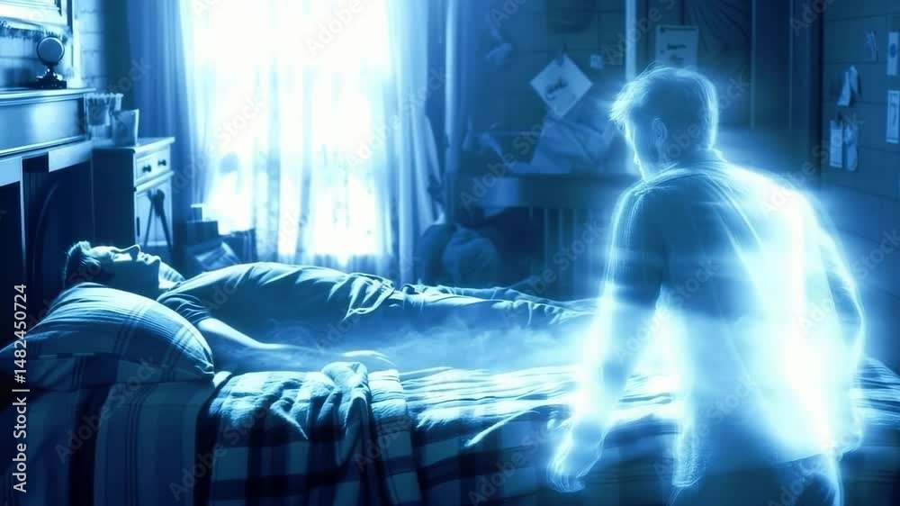 Translucent ghostly silhouette watches a body lying in bed, the theme of astral exit, spiritual experience and life after death